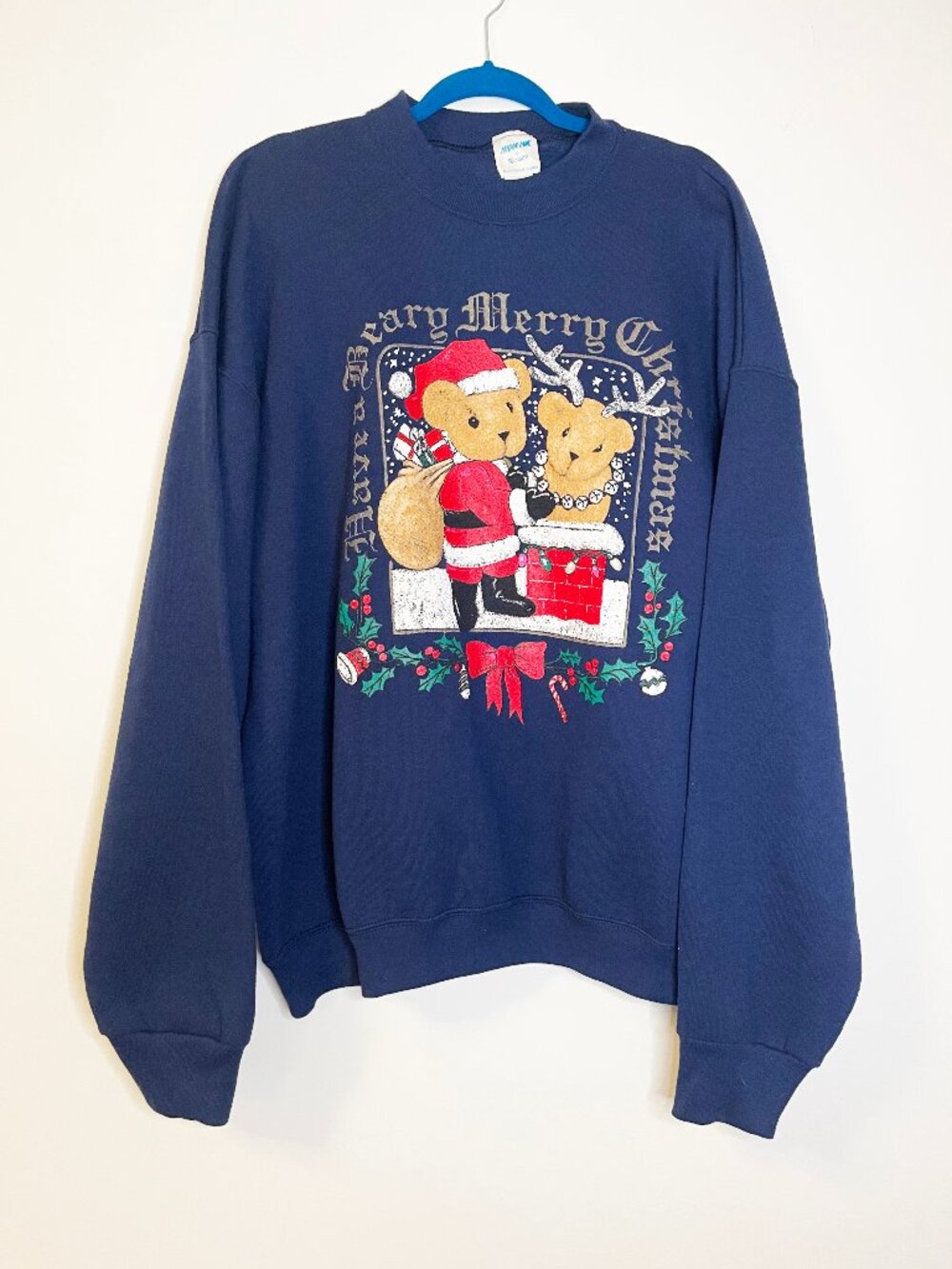 India Ink Christmas Bear Sweatshirt Navy Blue Women's One Size Vintage Holiday